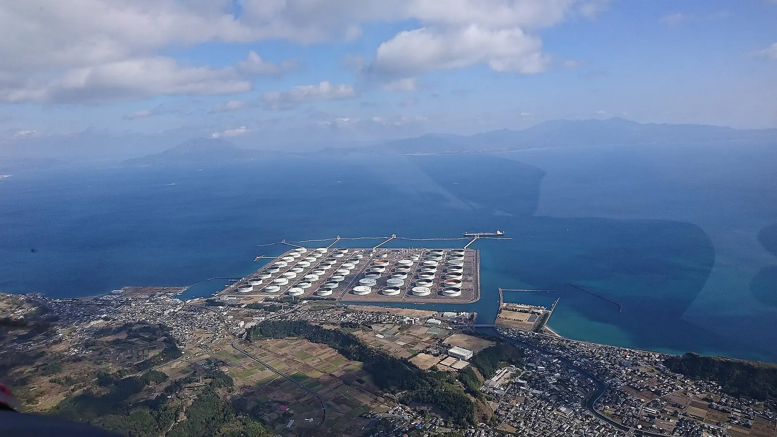 The ENEOS Kiire oil stockpiling base in Kagoshima, Japan, from the air